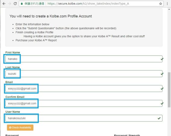 コルベインデックスの受け方（手順5）。kolbe.comのアカウント新規登録画面を開いたところ。氏名とeメールアドレスとユーザ名の登録欄が表示されている