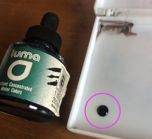 カラーインク「LUMA」の006番「AQUA MARINE」を、パレットに1滴だけ落とし、撮影した写真。パレットの上に黒っぽい液体が乗っているが、色がはっきりとは分からない。